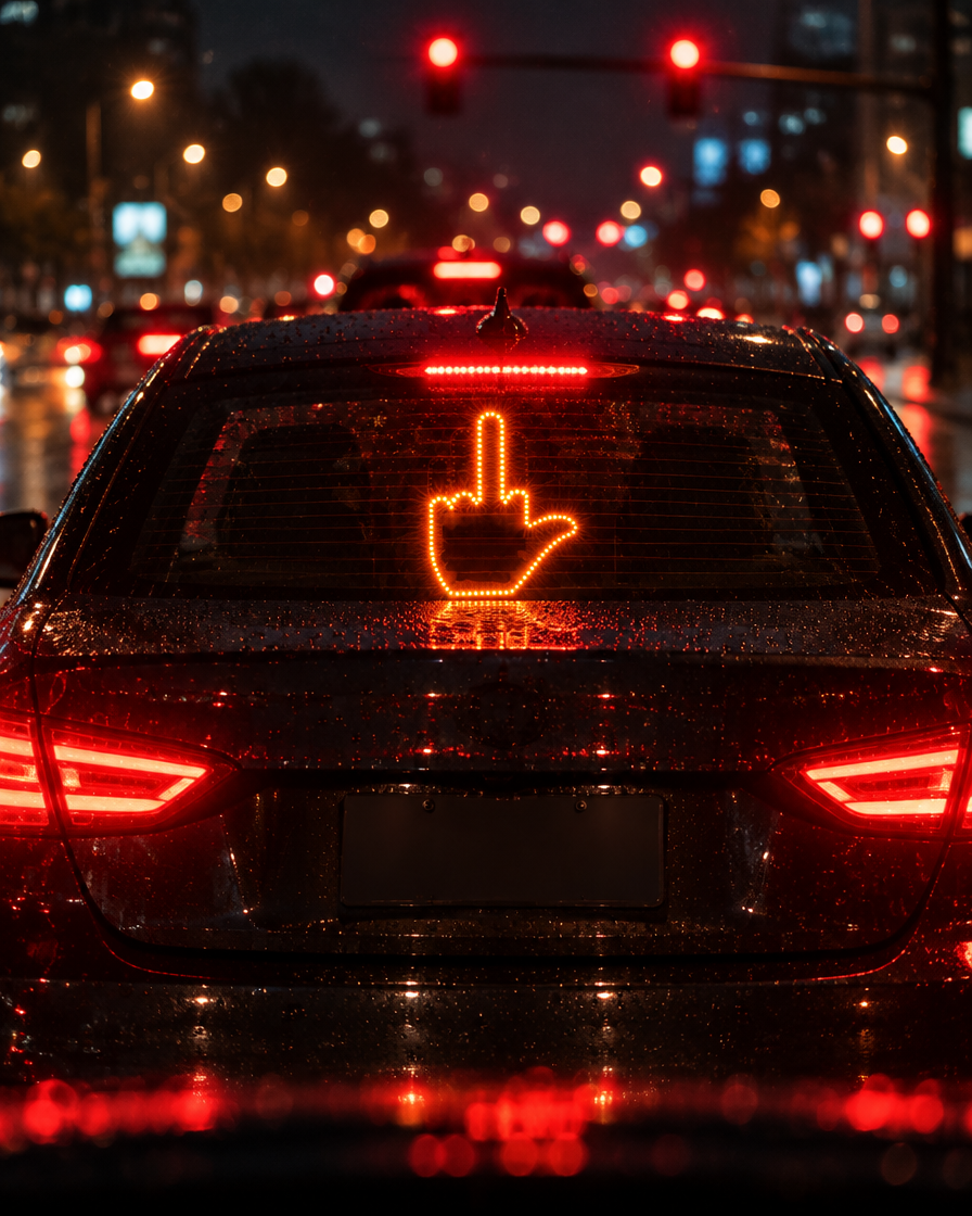 Flip You Light glowing in a car rear window at night