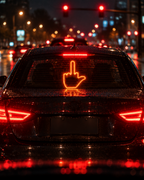 Flip You Light glowing in a car rear window at night