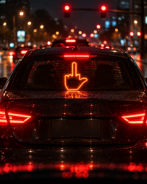 Flip You Light glowing in a car rear window at night