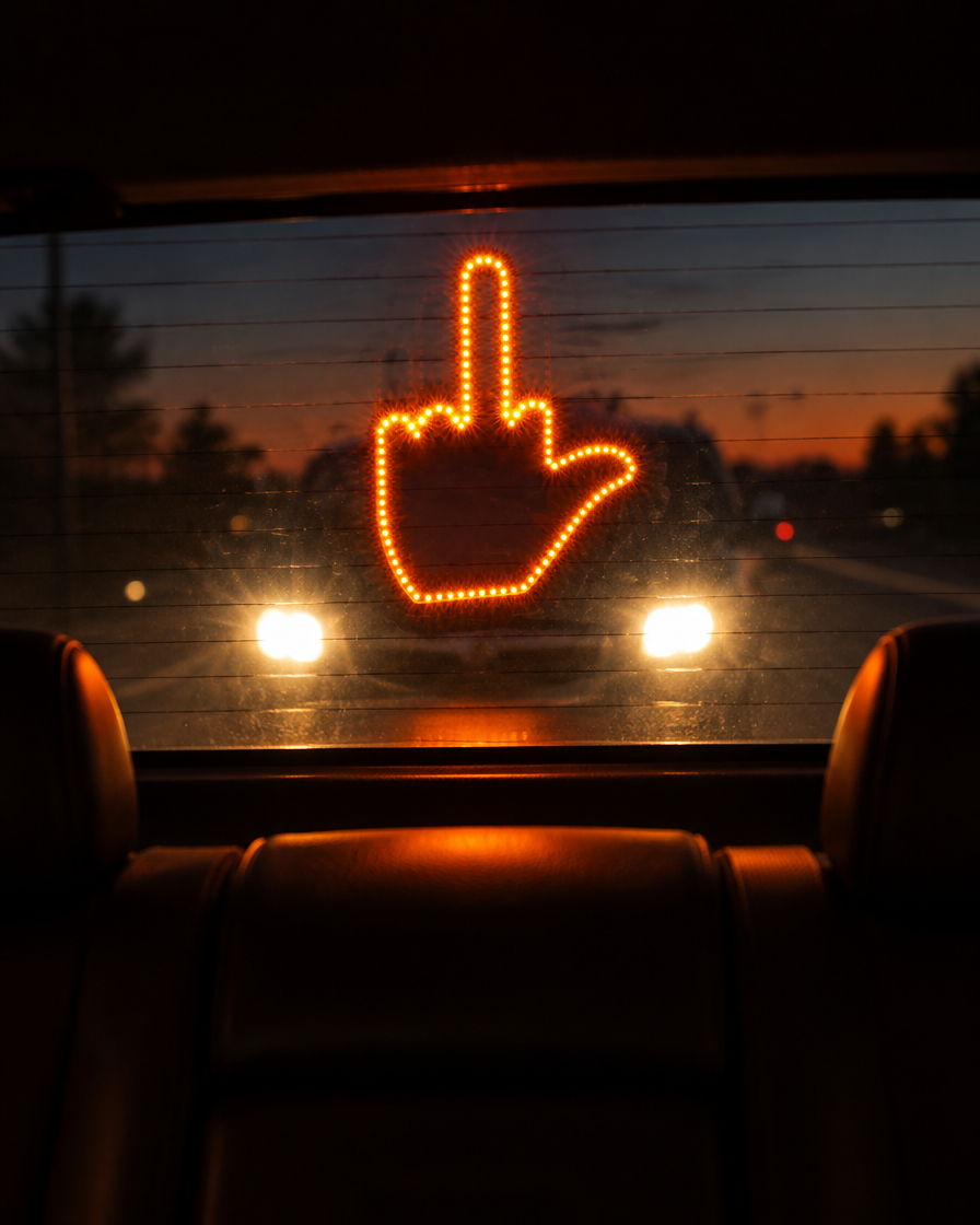 Flip You Light seen from inside the car with a tailgater behind